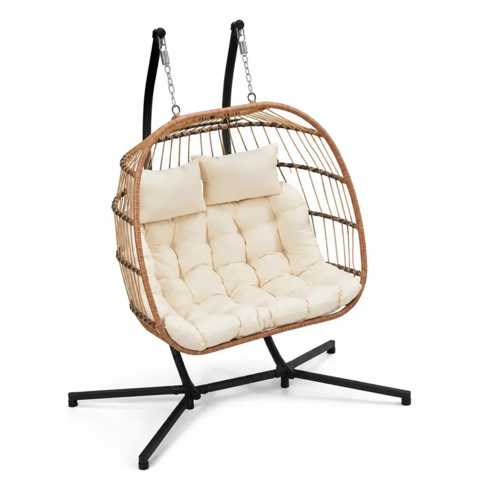 Chaise suspendue double en rotin avec coussins crème