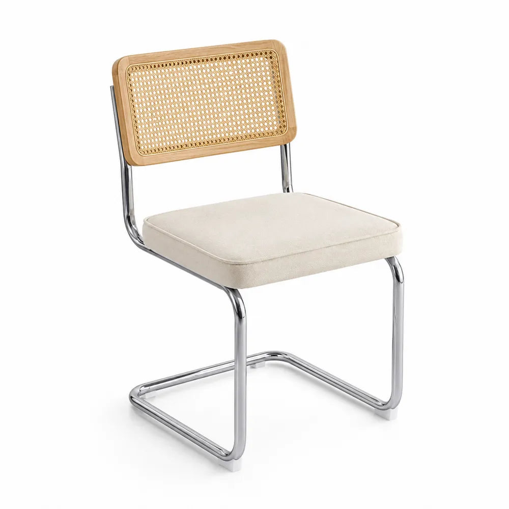 Chaise en métal avec dossier en rotin et assise en tissu