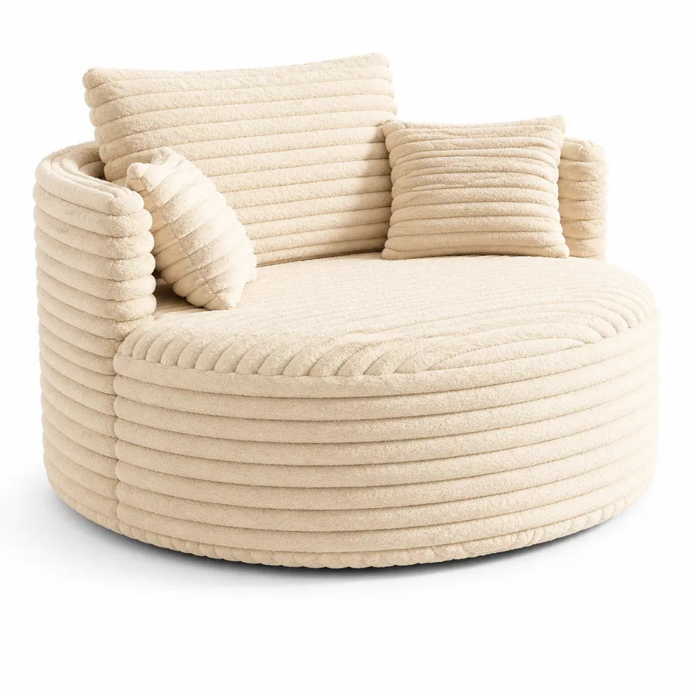 Fauteuil rond en tissu bouclé avec coussins