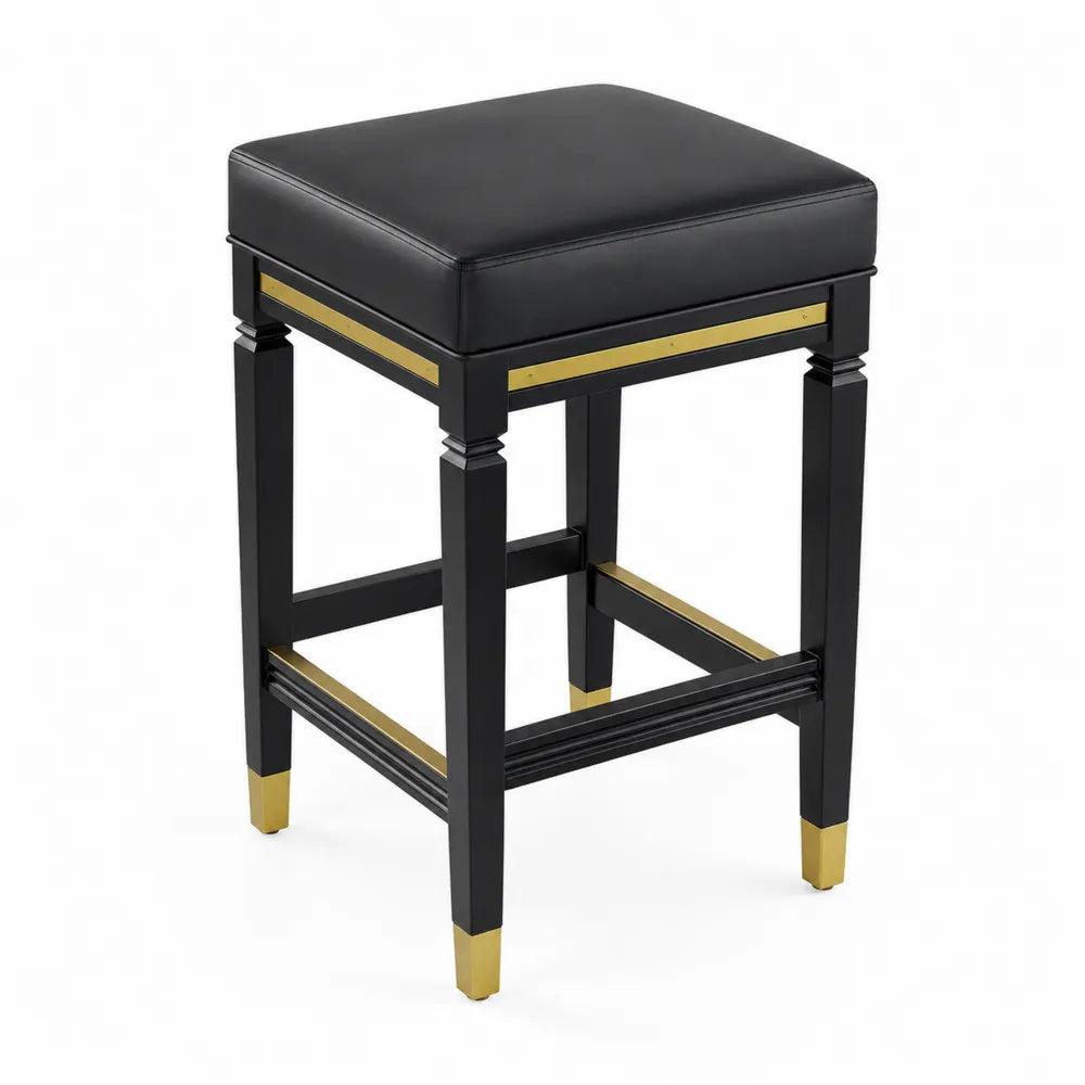 Tabouret de bar en bois et cuir synthétique noir et doré 75 cm