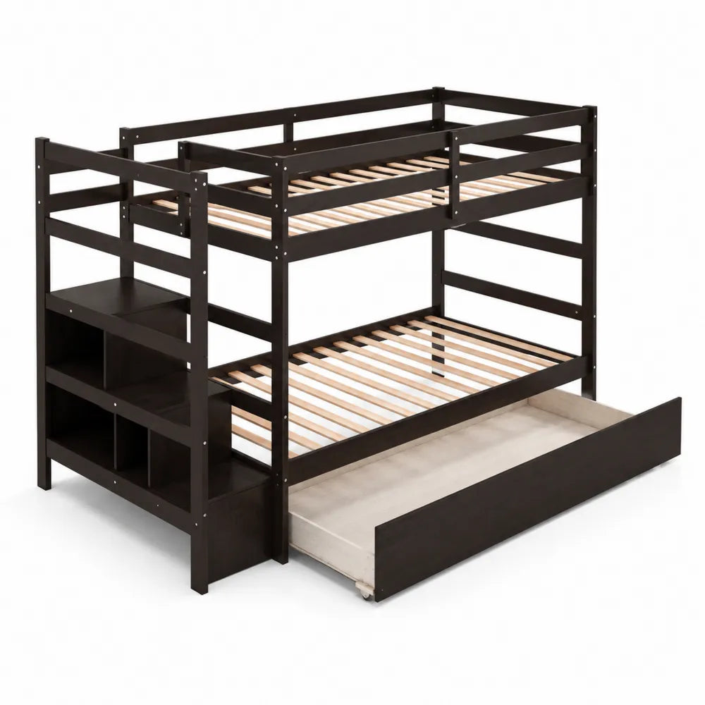 Lit superposé en bois avec tiroir et escalier de rangement Noir