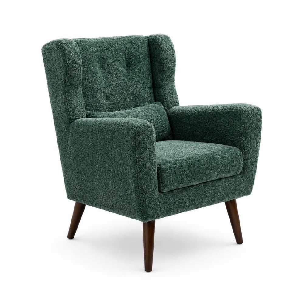 Fauteuil en tissu bouclé vert avec pieds en bois massif