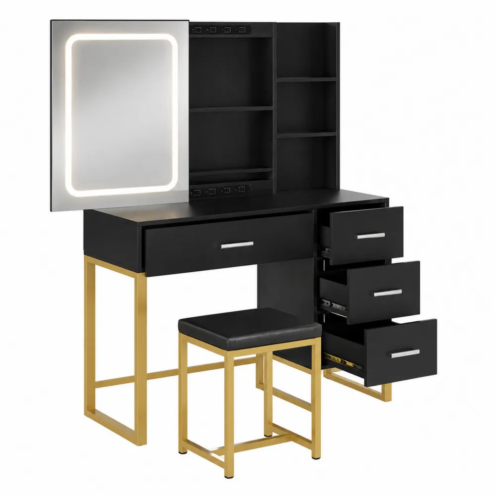Coiffeuse en MDF et Métal Noir avec Miroir LED et Tabouret
