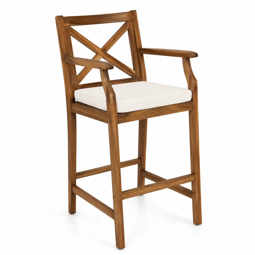 Chaise de bar en bois avec coussin en polyester blanc