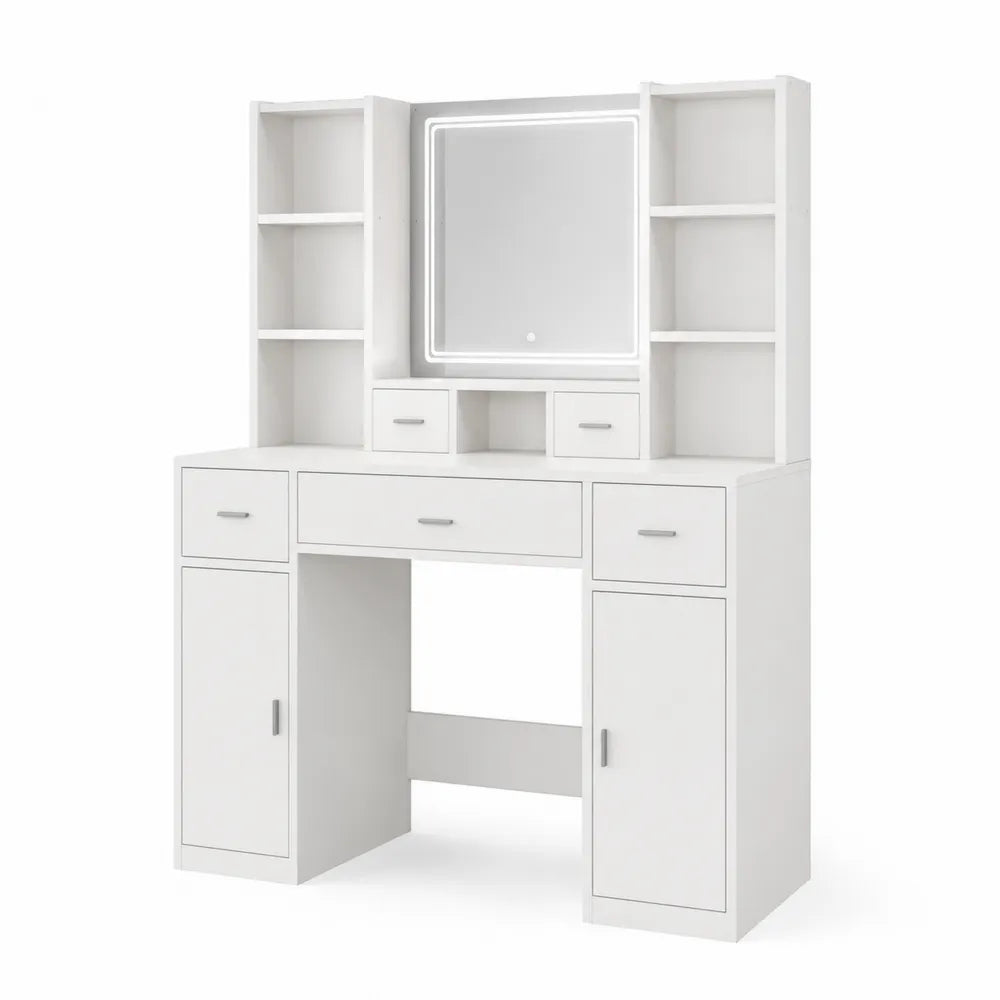 Coiffeuse en Bois avec Miroir LED et Étagères, Blanc