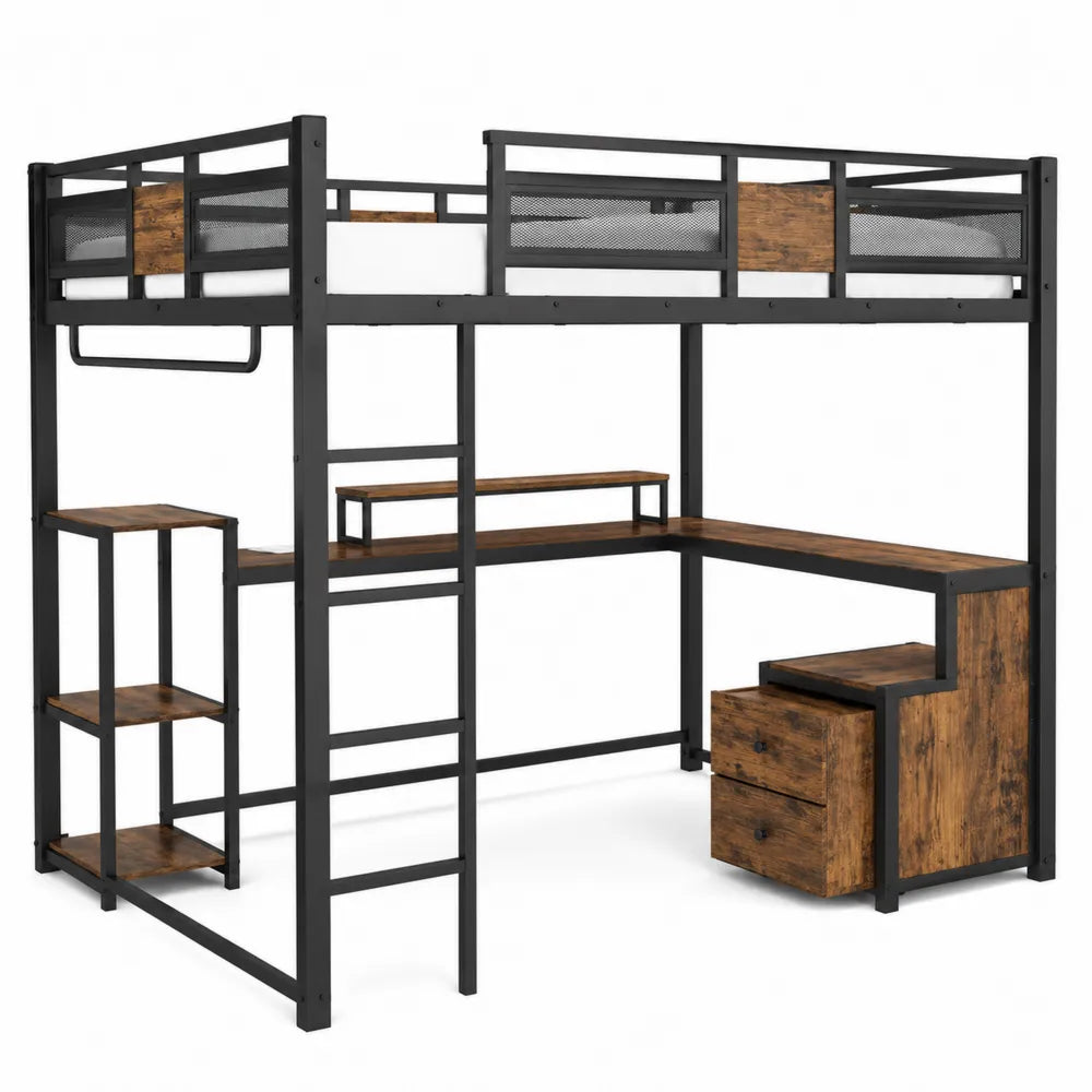 Lit mezzanine en métal et bois avec bureau intégré Noir/Marron 200x90 cm