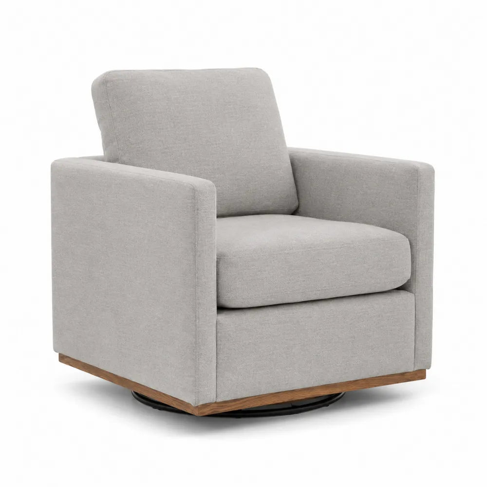 Fauteuil pivotant en tissu polyester gris avec base en bois