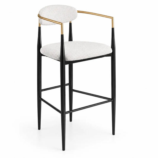 Tabouret de bar en métal et tissu Bouclé Blanc/Noir/Doré