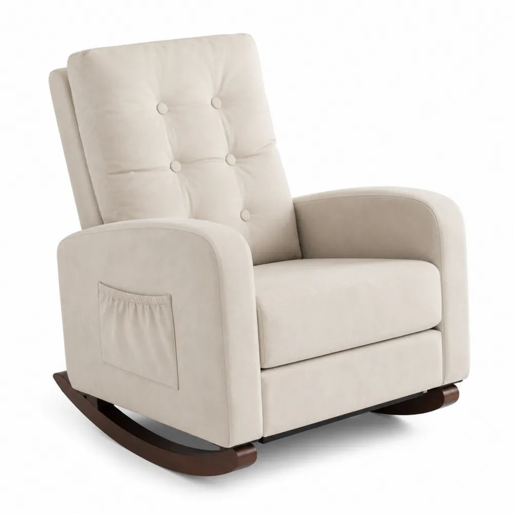 Fauteuil à bascule en bois et velours microfibre Beige 98x79x97 cm