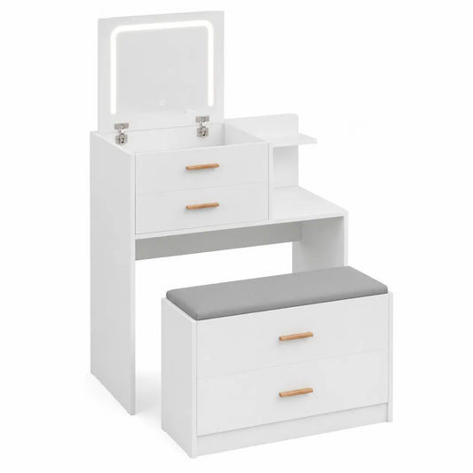 Coiffeuse en Bois MDF Blanc avec Banc et Miroir LED