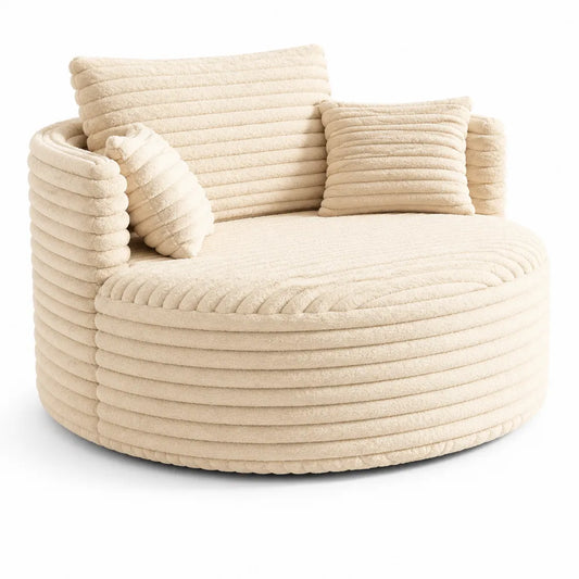 Fauteuil rond en tissu bouclé avec coussins
