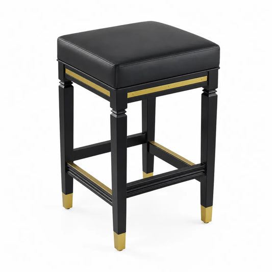 Tabouret de bar en bois et cuir synthétique noir et doré 75 cm