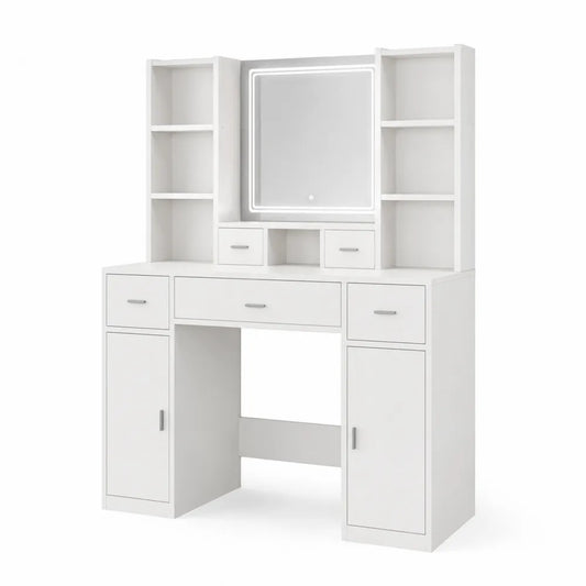 Coiffeuse en Bois avec Miroir LED et Étagères, Blanc