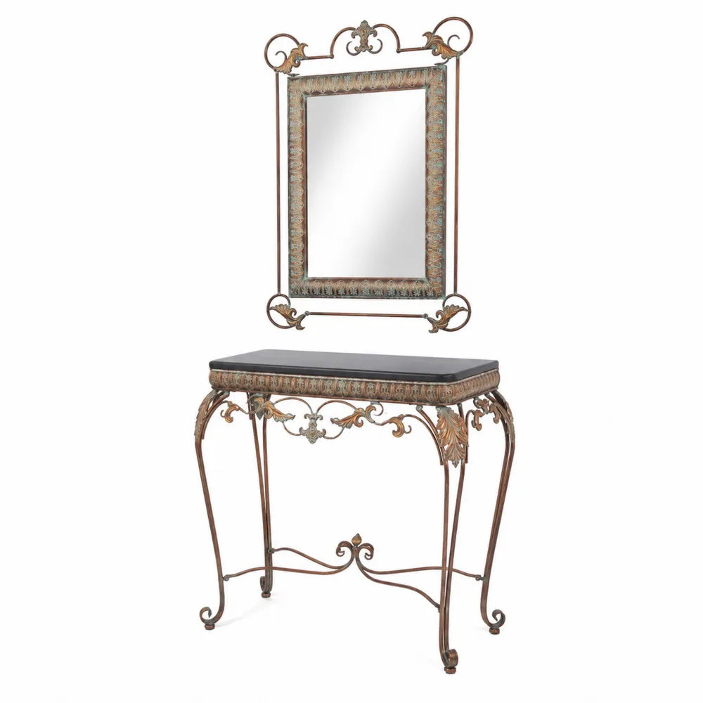 Console en fer forgé avec miroir et plateau en verre, Noir/Marron