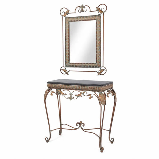 Console en fer forgé avec miroir et plateau en verre, Noir/Marron