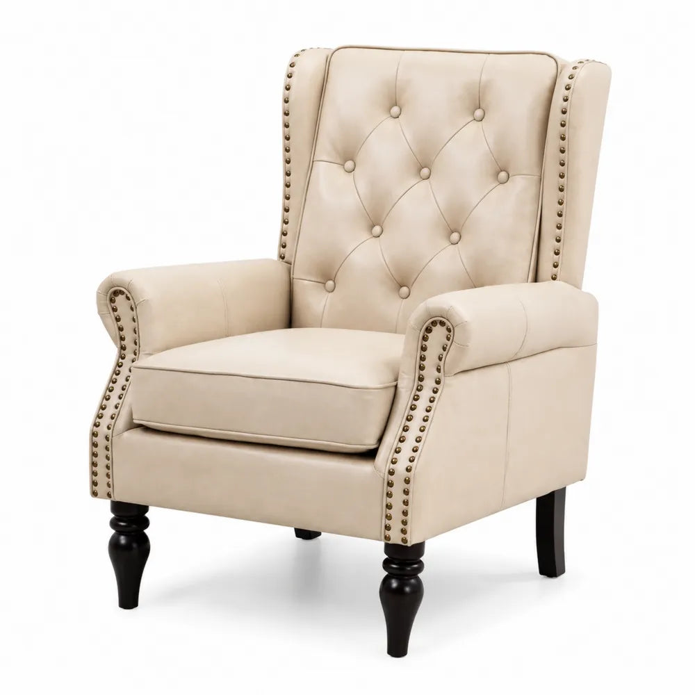 Fauteuil en cuir synthétique beige avec pieds en bois