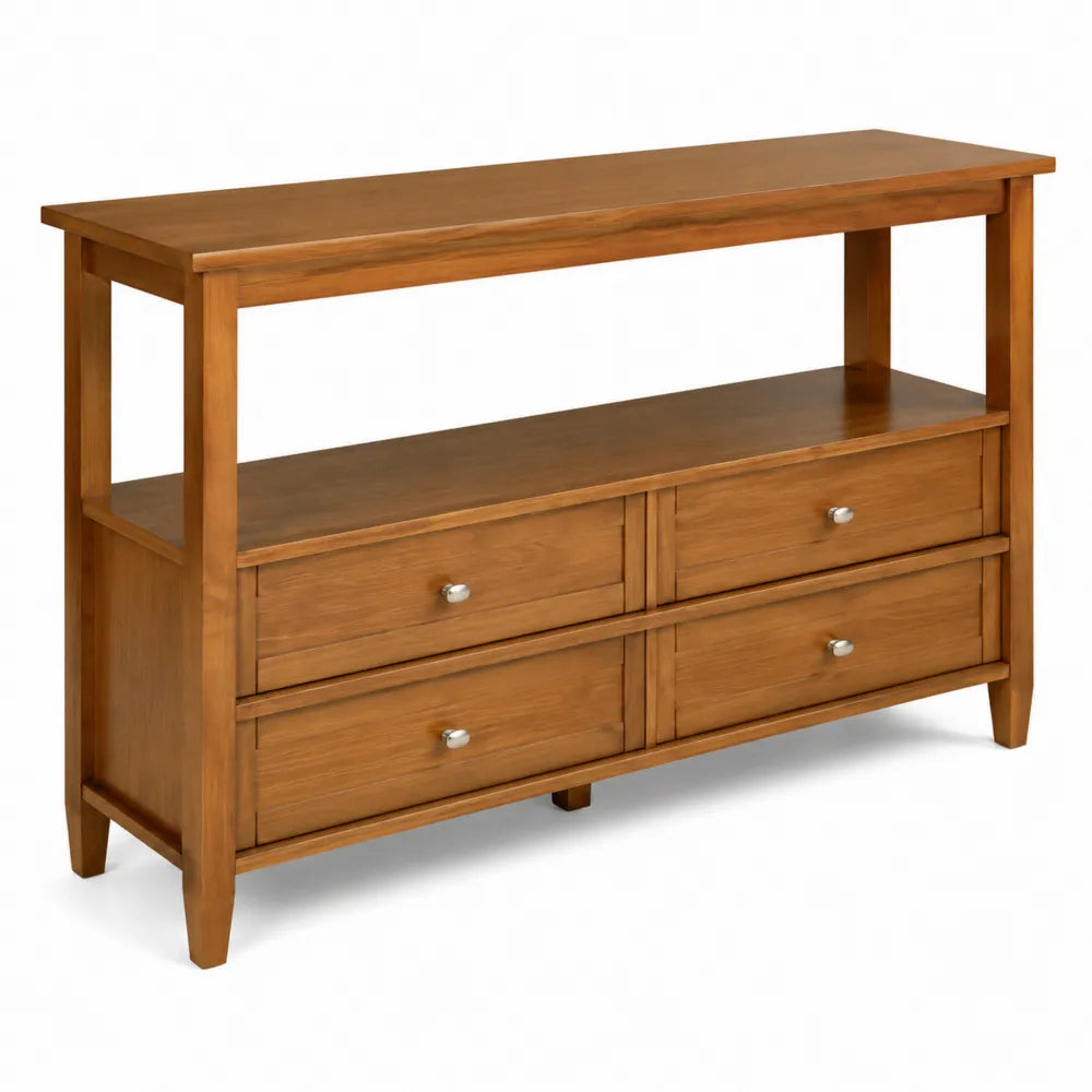 Table console en bois de chêne avec tiroirs et étagère