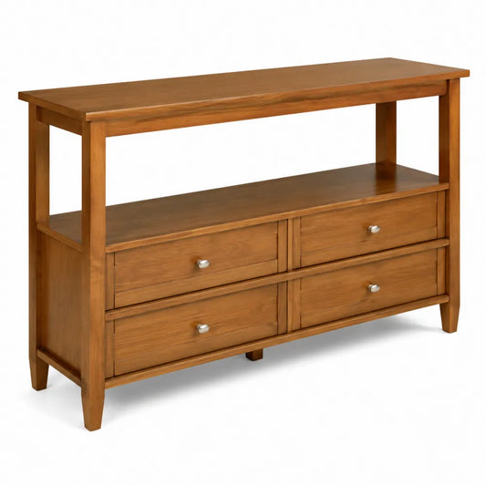 Table console en bois de chêne avec tiroirs et étagère