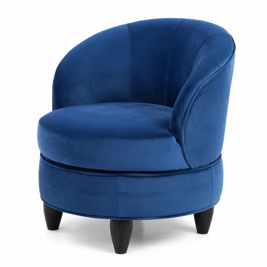 Fauteuil en velours bleu avec pieds en bois, 80 cm de diamètre