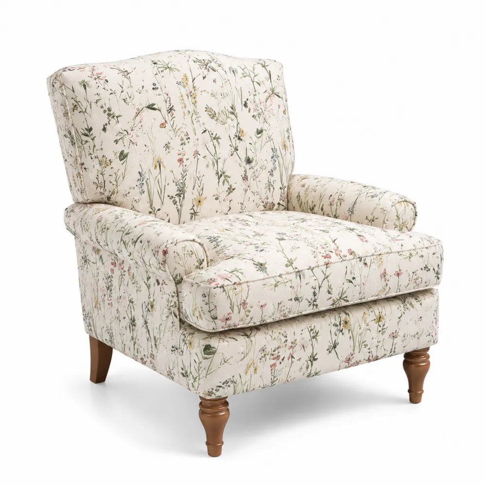 Fauteuil en Tissu à Motif Floral avec Pieds en Bois