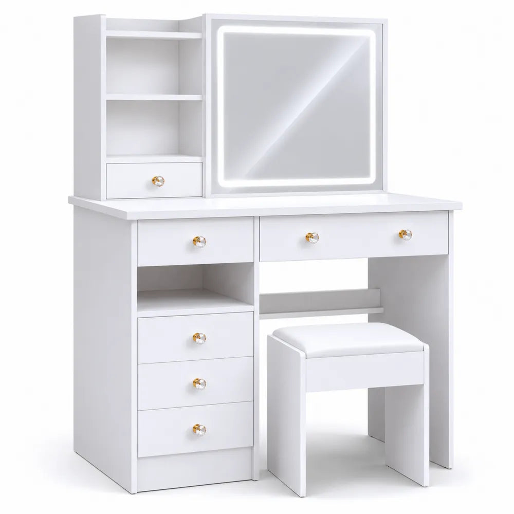 Coiffeuse avec miroir LED et tabouret en bois blanc