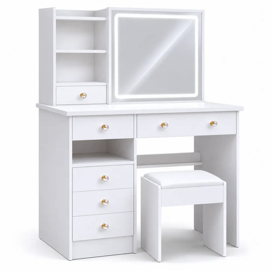 Coiffeuse avec miroir LED et tabouret en bois blanc