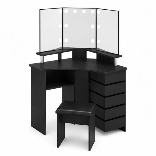 Coiffeuse d'angle en bois noir avec miroir à LED et tabouret