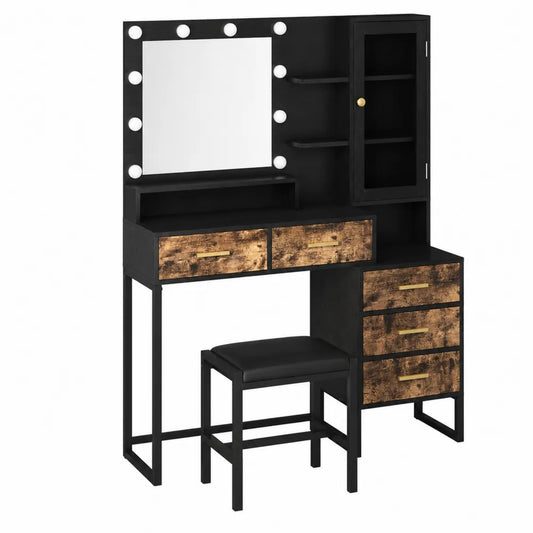Coiffeuse avec miroir éclairé et tabouret en bois et métal Noir et Brun