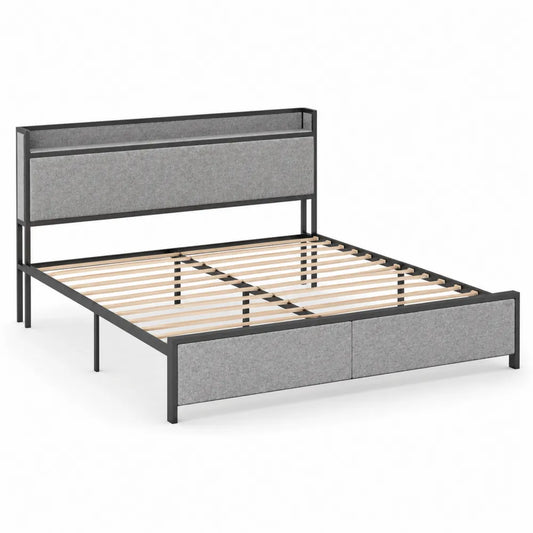 Lit double en métal et tissu polyester gris avec tête de lit rangement 200x150 cm